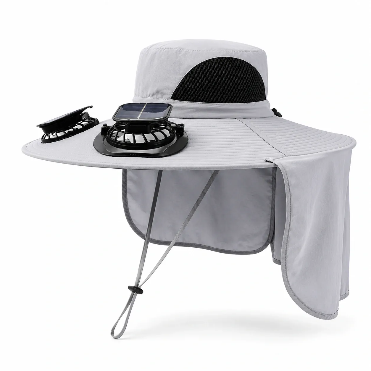 gray dual solar fan sun hat product display with neck shade