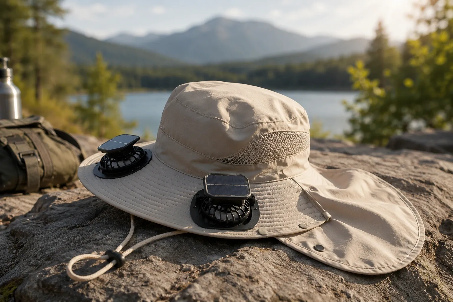 dual solar fan sun hat shown lakeside for outdoor cooling