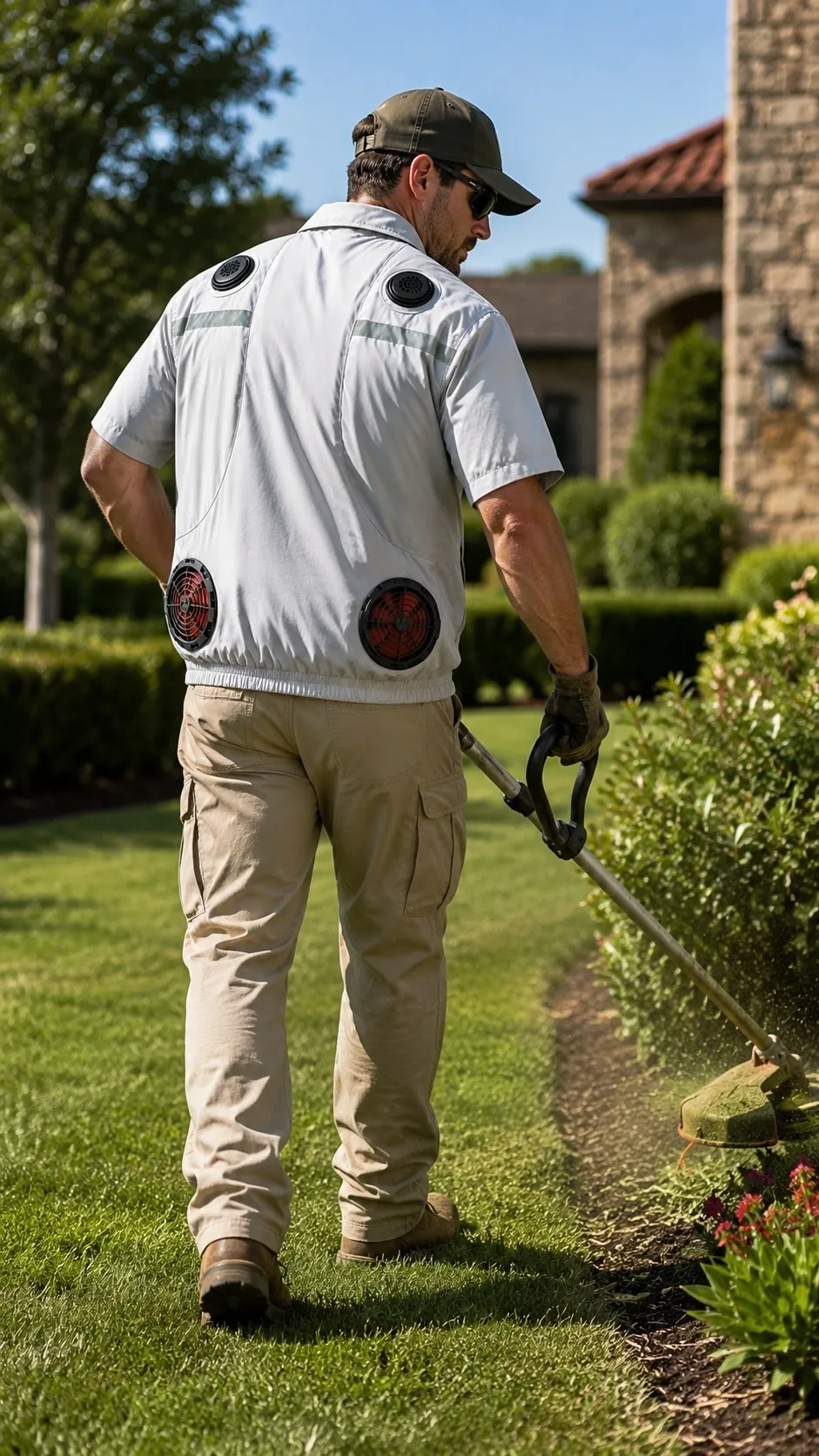 worker wearing white fan cooling shirt for garden outdoor work