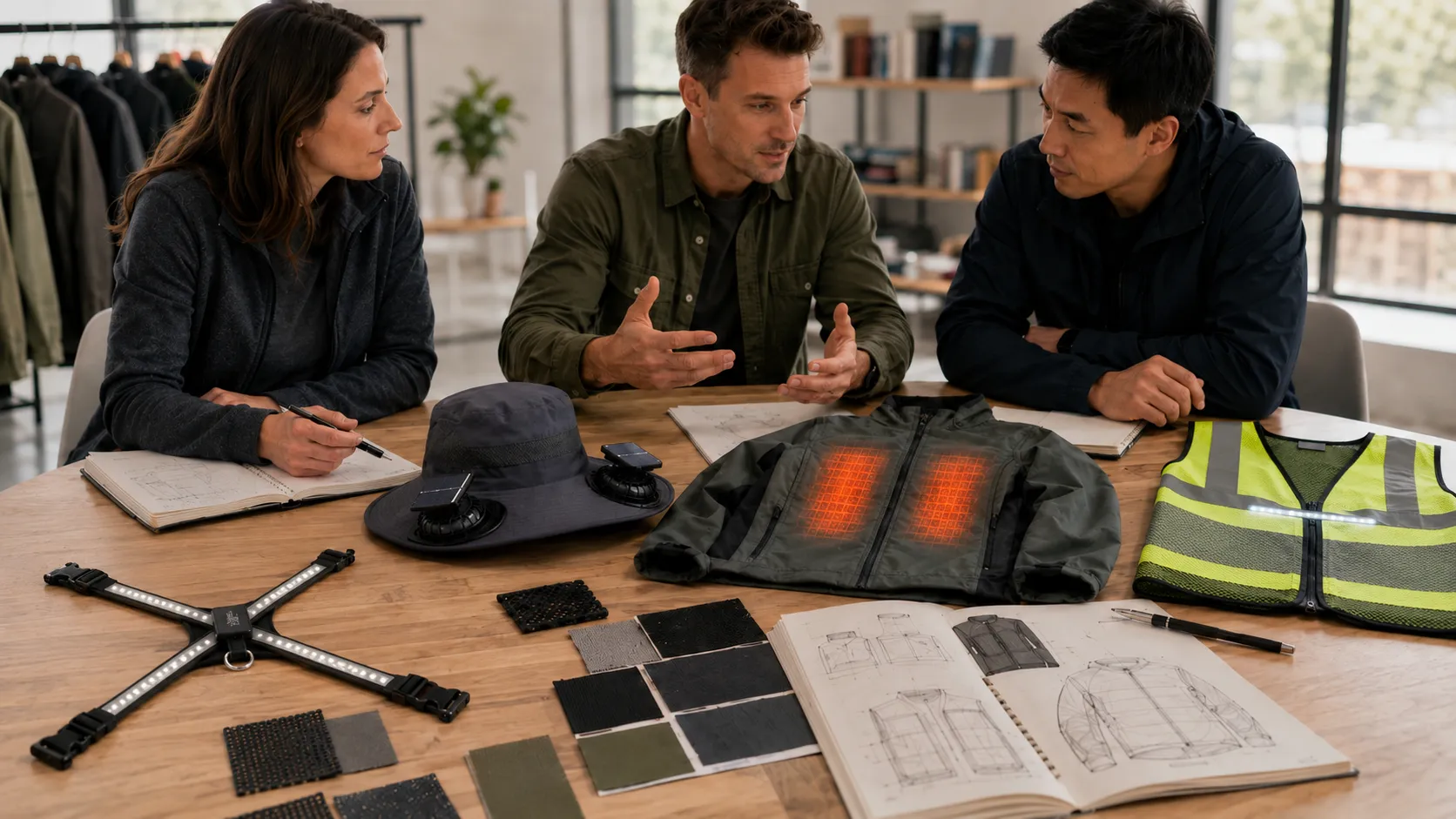 team reviewing outdoor wearable products for b2b development