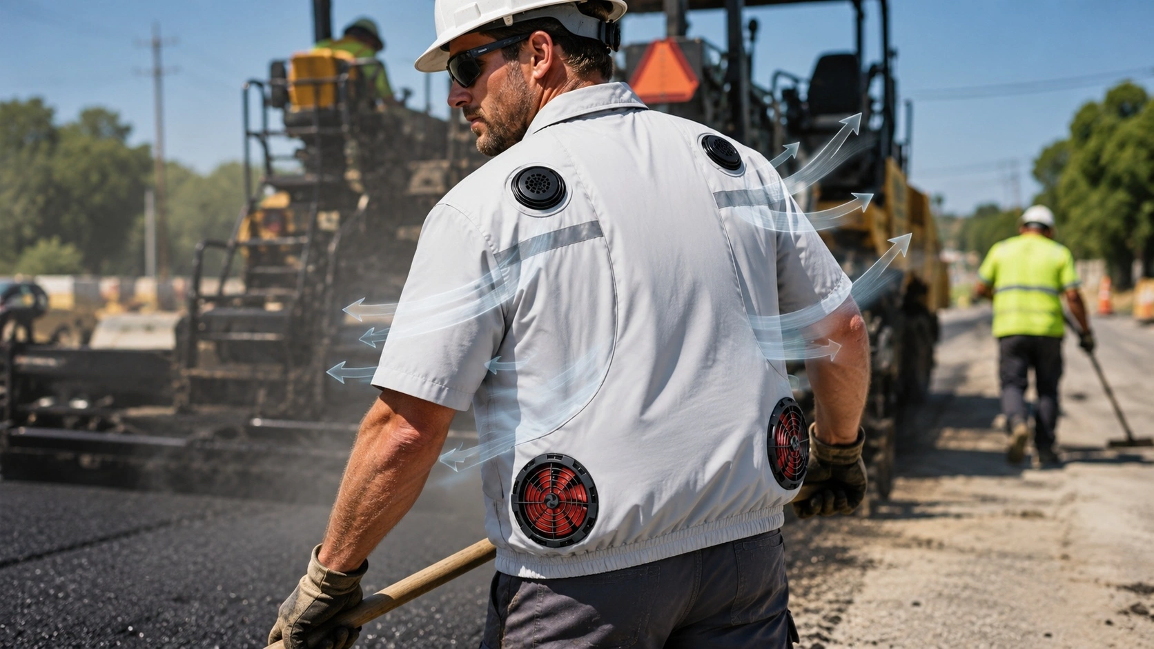 fan-cooling-shirt-white-construction-worksite worker wearing white fan cooling shirt at construction worksite
